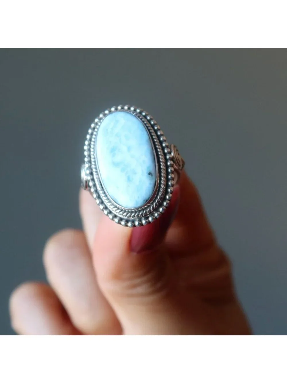 Larimar Ring Mirror of Clouds Blue Gemstone Sterling Silver Size 6.5 Boho Jewelr